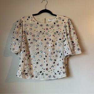 Endless Rose Beige Floral Sequin Embroidered Flutter Sleeve Cropped Blouse